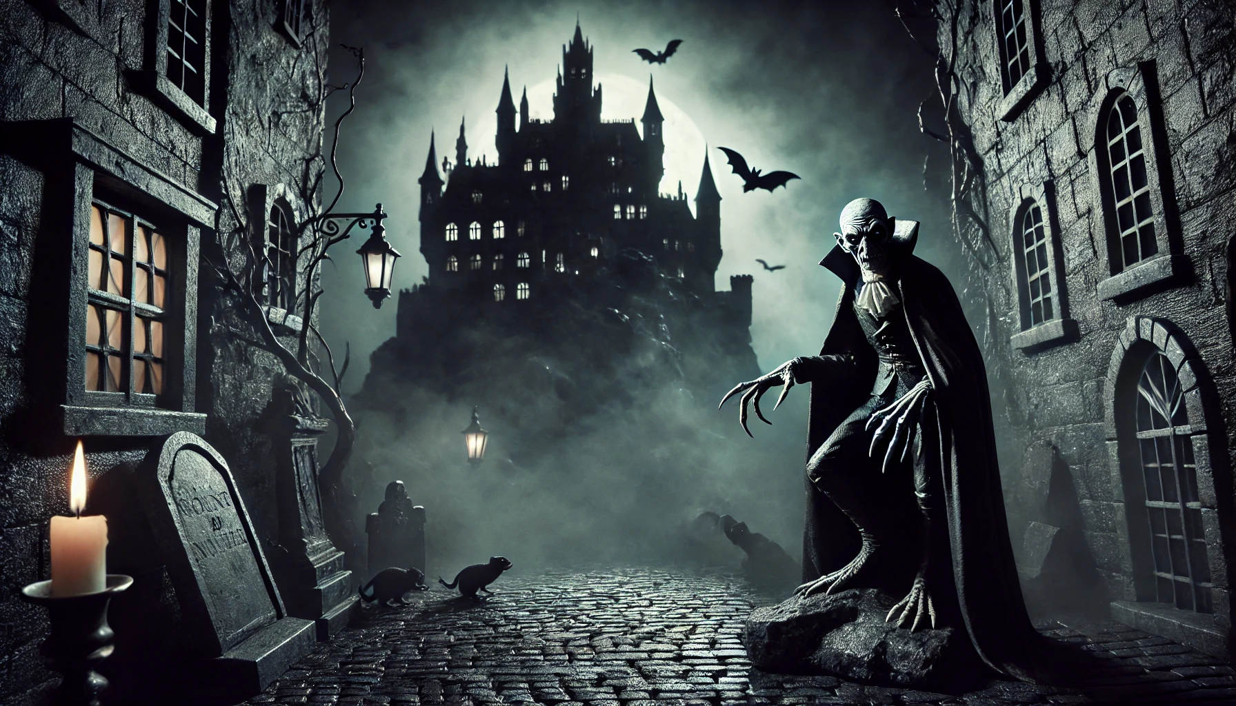 DALL·E-2024-12-03-18.00.19-A-dark-and-gothic-scene-inspired-by-the-upcoming-Nosferatu-trailer.-The-image-features-a-shadowy-eerie-castle-surrounded-by-thick-fog-perched-on-a-r Nosferatu Trailer Unveiled: A Haunting Look into the Timeless Horror Classic December 25