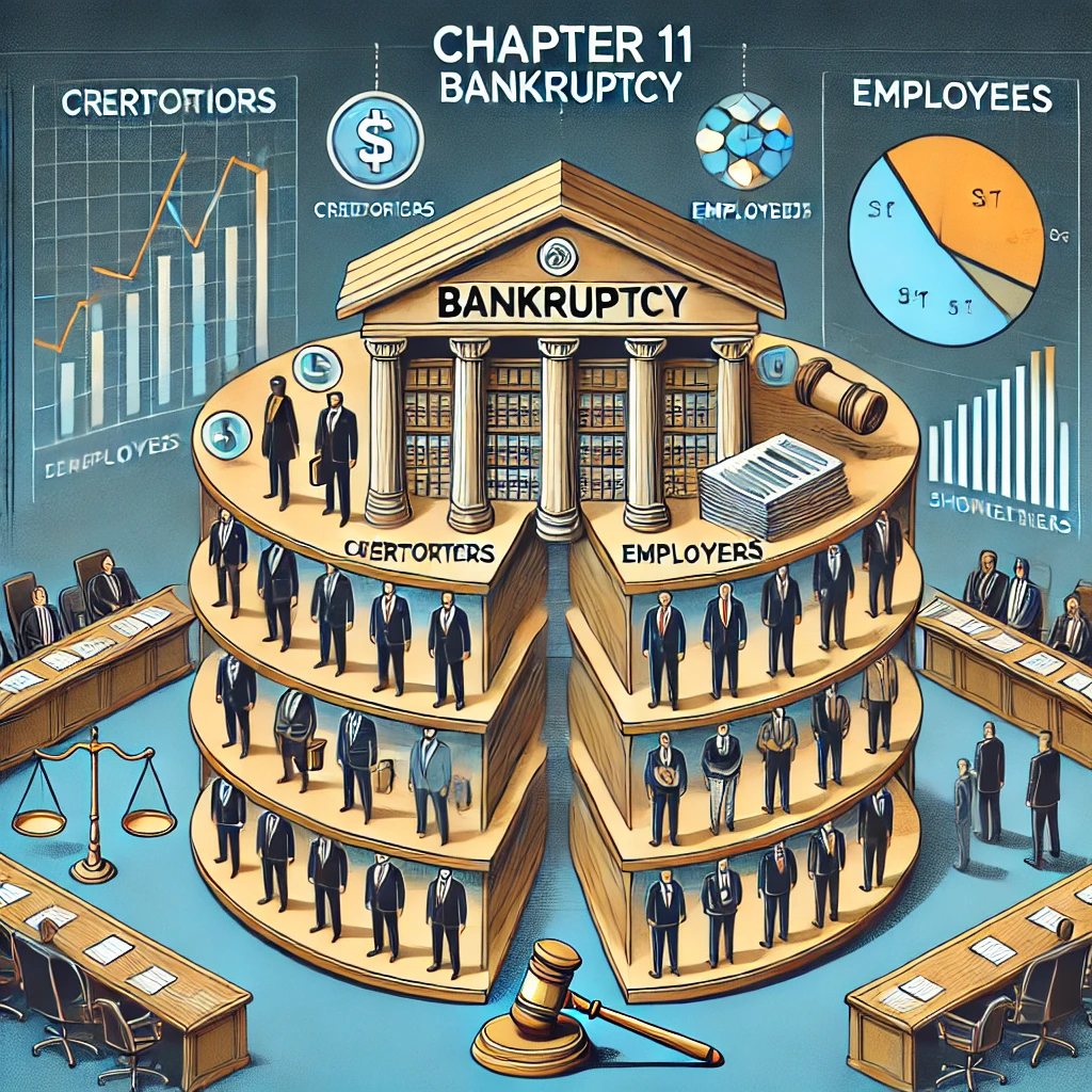 DALL·E-2024-12-07-18.12.04-An-illustration-depicting-the-concept-of-Chapter-11-bankruptcy.-The-image-shows-a-business-structure-split-into-multiple-layers-representing-stakehol-1 Chapter 11 Bankruptcy: Shocking Effects on Creditors, Companies, Employees, and Shareholders"