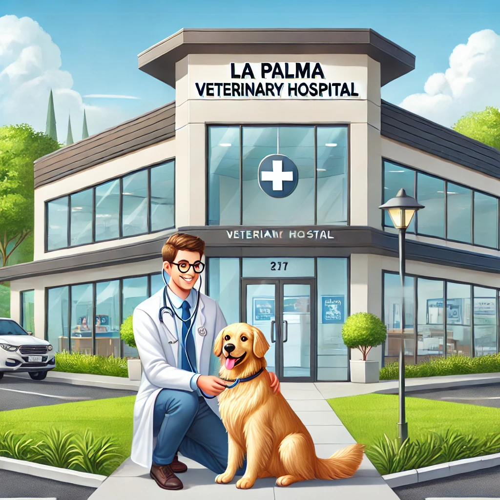 DALL·E-2024-12-14-18.38.52-A-welcoming-veterinary-hospital-with-a-clean-and-modern-exterior.-The-building-is-surrounded-by-greenery-and-a-spacious-parking-lot-with-a-clear-sign La Palma Veterinary Hospital: Extraordinary Care 7 Ways We Treat Your Pets Like Family