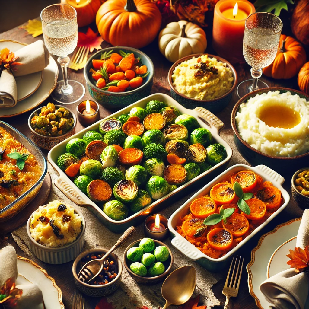 DALL·E-2024-11-24-19.07.42-A-beautifully-arranged-Thanksgiving-dinner-table-featuring-a-variety-of-vibrant-vegetable-side-dishes.-The-table-includes-roasted-brussels-sprouts-ho 5 Must-Try Thanksgiving delicious Vegetable Side Dish Recipes That Will Wow Your Guests